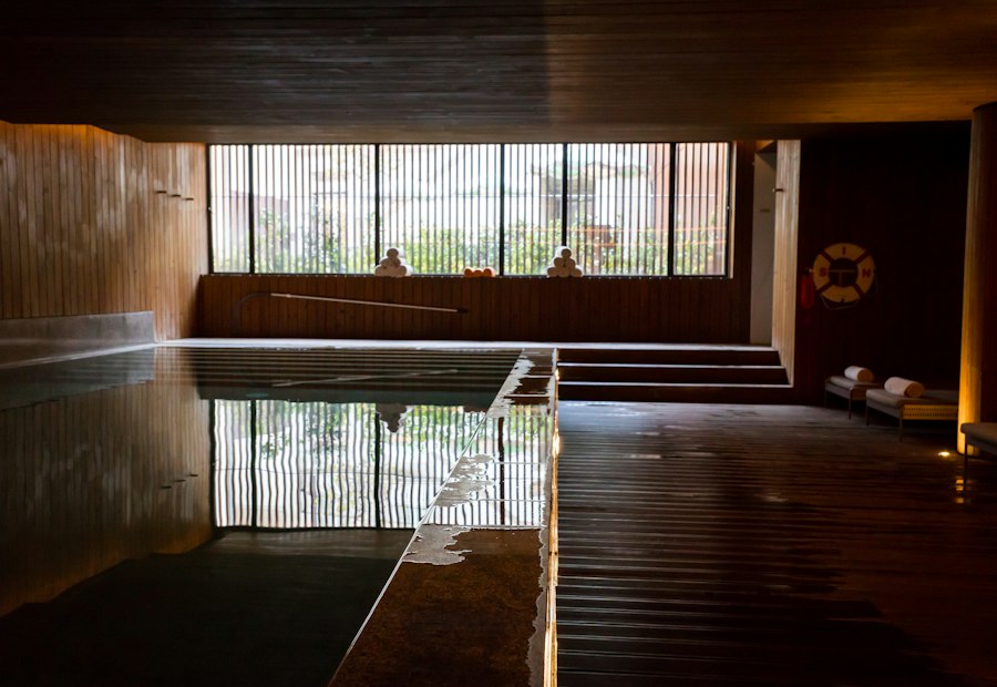 Indoor swimming pool beside a large window