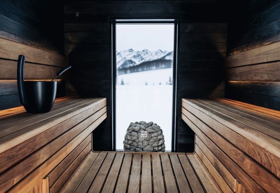 Sauna interior with stacked heating stones
