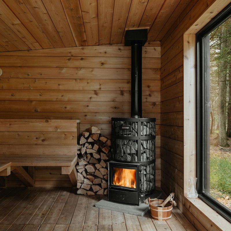 Wood fired stove in the banya room